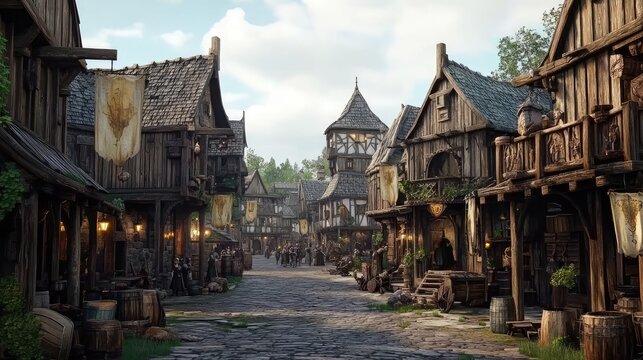 A bustling medieval street with wooden houses, cobblestone paths, and vibrant activity, perfect for fantasy settings, historical themes, or RPG game concepts