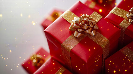 Fototapeta premium A pile of red and gold wrapped presents with a bow