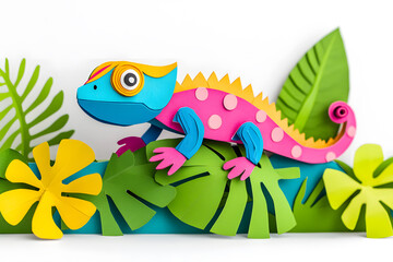 Naklejka premium Colorful chameleon in the jungle, paper cut art style
