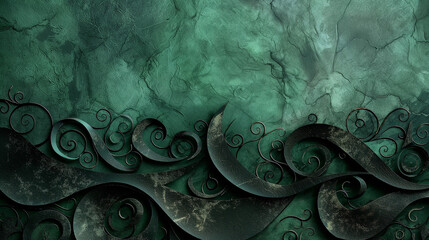 Abstract green grunge background with metal swirls and copy space