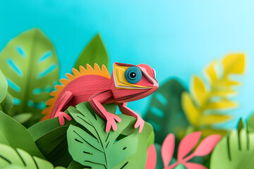 Fototapeta premium Colorful chameleon in the jungle, paper cut art style