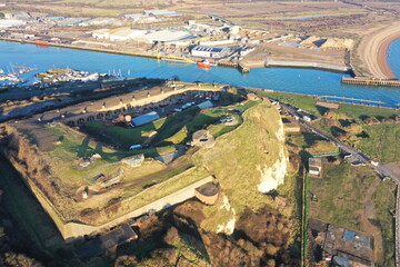 Aerial view of Newhaven harbour entrance and fort a gateway to France
