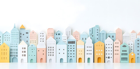 City made from paper cut buildings, pastel colors illustration