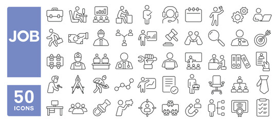 Set of 50 line icons related to job, hire, employment, recruitment, employer, wages, business, interview, resume, career, Editable stroke. Vector illustration