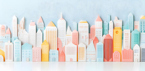 City made from paper cut buildings, pastel colors illustration