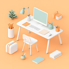 Fototapeta premium Isometric office desk with desktop computer and vacant empty chair. Free unoccupied workplace, workspace illustration 