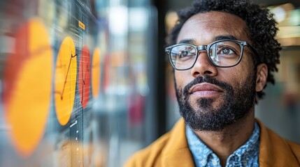 African male adult analyzing data visualization on transparent screen