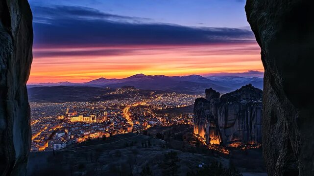 Breathtaking sunset view over Meteora landscape in Kalam, Greece highlights nature's beauty, Amazing sunset scenic landscape Greece Meteora Kalambaka travel landmark