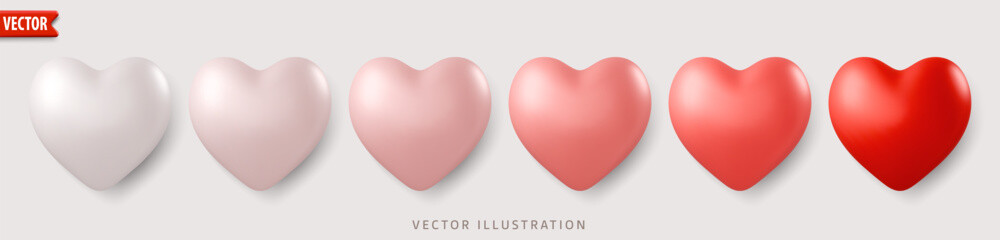 Set of six realistic 3D hearts shape in gradient shades from white to red blend, isolated on light background. Ideal for romantic or Valentines Day. Vector illustration collection symbols of love