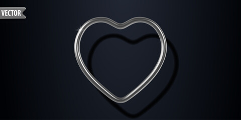 Vector illustration of silver 3d heart shaped outline with highlights and shadows, isolated on dark background. Modern and elegant design for romantic Valentines Day, wedding or luxury greeting card.