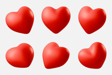 Set of red realistic 3D hearts icon in different angles isolated on white background. Perfect for romantic Valentines Day, Mother day, wedding or birthday greeting card Vector illustration love symbol