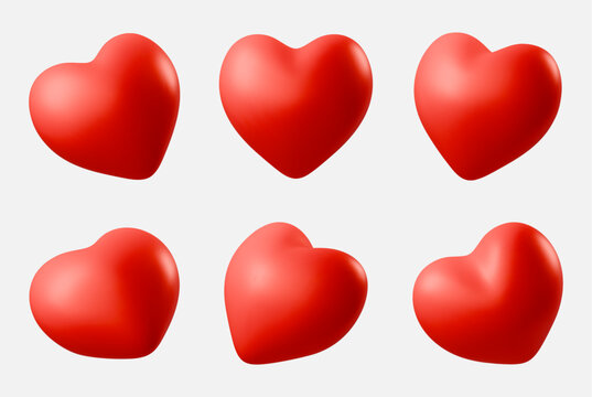 Set of red realistic 3D hearts icon in different angles isolated on white background. Perfect for romantic Valentines Day, Mother day, wedding or birthday greeting card Vector illustration love symbol