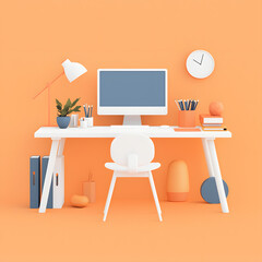Naklejka premium Office desk with desktop computer and vacant empty chair. Free unoccupied workplace, workspace illustration 