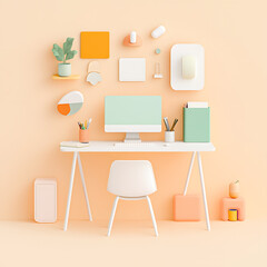 Office desk with desktop computer and vacant empty chair. Free unoccupied workplace, workspace illustration 