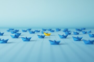 a yellow paper boat is surrounded by blue paper boats