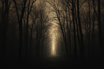Naklejka premium a dark forest with trees and light in the middle