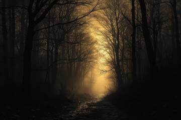 Fototapeta premium a dark path in the woods with trees and fog