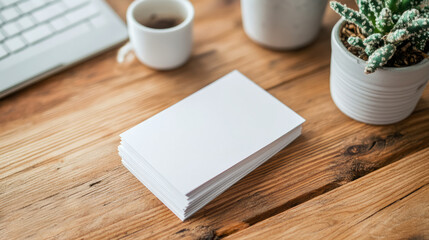 Stack of Blank Business Cards on Wooden Desk with Coffee and Plant