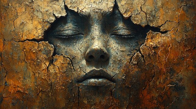 A face emerges from cracked metallic earth, eyes closed in serene slumber. Ideal for album covers, book illustrations, or surreal wall art.