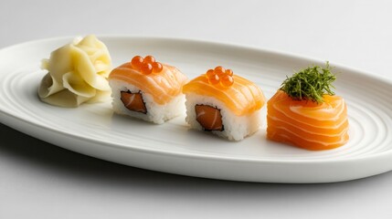 Close-up of assorted sushi rolls with salmon, eel, and avocado, served with wasabi and ginger on a white plate, highlighting the freshness and textures of the ingredients.
