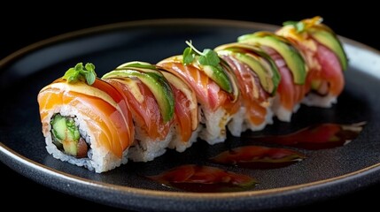 An elegant display of assorted sushi rolls with fresh fish, avocado, and a drizzle of soy sauce, served on a black plate to highlight the contrast of colors.