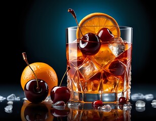 Old Fashioned Cocktail: Amber Liquid, Cherries, and Orange Slice