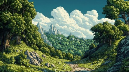 Serene path through lush forest, towards majestic mountains under a cloudy sky.