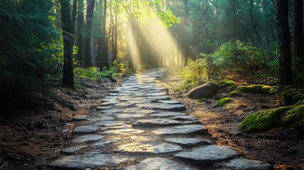 Obraz premium A stone pathway through a peaceful forest, with rays of sunlight shining down onto the weathered stones.