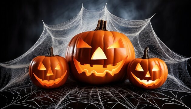  jack o lanterns wrapped in a spiderweb