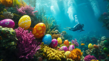 Colorful painted Easter eggs scattered among vibrant coral reefs, with a scuba diver exploring the underwater scenery, concept of festive marine celebration