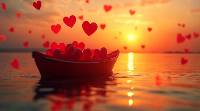 Romantic red boat in sunset filled with heart-shaped toys for a festive celebration and Valentines day