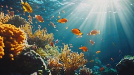Fototapeta premium A serene underwater scene featuring a vibrant coral reef teeming with colorful fish, illuminated by soft sunlight filtering through the water.