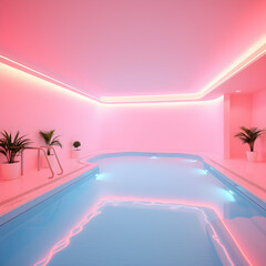 neon liminal space swimming pool interior