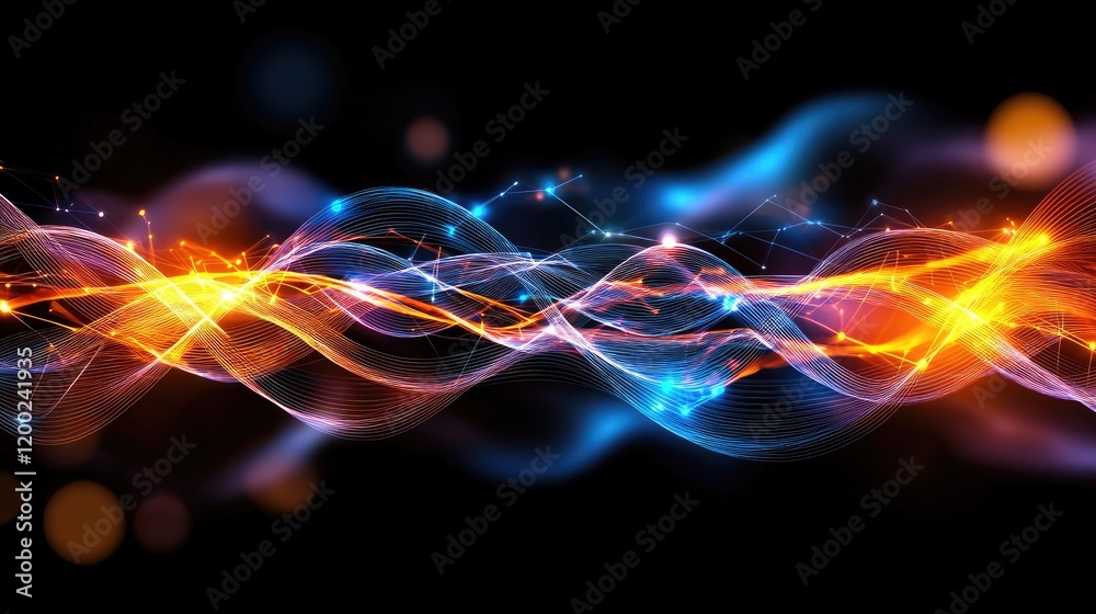 Poster dynamic light waves interaction abstract art digital composition dark background side view energy an