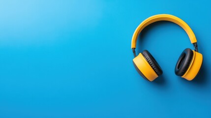 Naklejka premium Bright Yellow Headphones on a Vibrant Blue Background for Music and Audio Enthusiasts