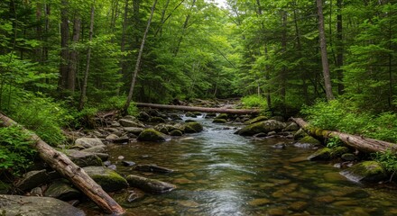 Obraz premium Lush Forest Stream with Fallen Logs and Green Foliage