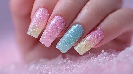 A serene nail art design featuring pastel shades with subtle glitter, creating a dreamy and delicate look,