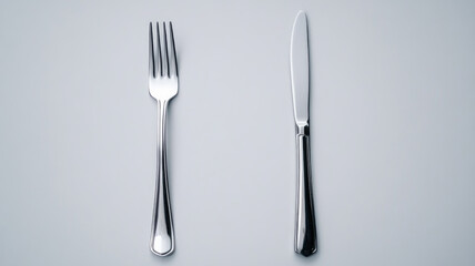 Fork and knife set in silver on plain background