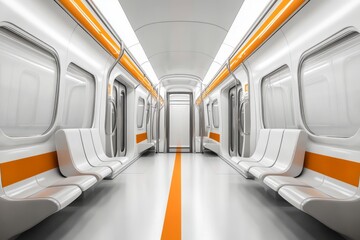 Obraz premium Empty modern white subway car inside with orange lines