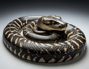 Obraz premium Striped Python: A Coiled Masterpiece of Dark Elegance