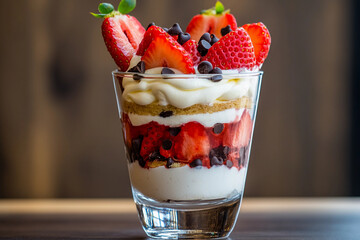 Delicious layered dessert featuring strawberries and chocolate chips in a clear glass cup