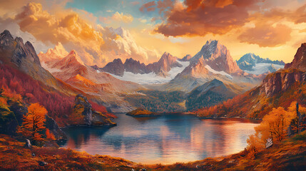 Majestic sunset panorama: breathtaking view of alpine lake and mountain peaks in autumnal hues. Majestic Mountain Peaks. Illustration