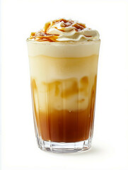A tall glass filled with a drink topped with whipped cream and caramel