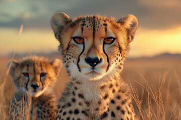 Obraz premium Two cheetahs in grassland in warm sunset light