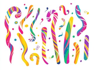 Brightly colored candy canes in various sizes and patterns, positioned randomly in a dynamic composition on a clean white background, smooth lines