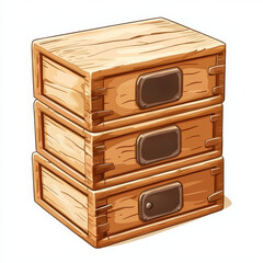 Stack of three rustic wooden drawers with metal plates.