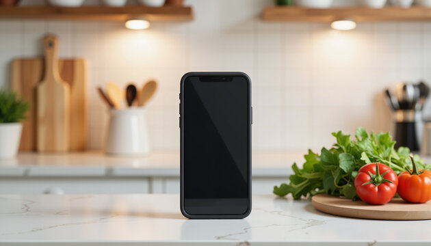 Smartphone on kitchen countertop with vegetables in background - Powered by Adobe