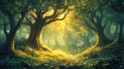 Sunlit Path in a Mystical Forest