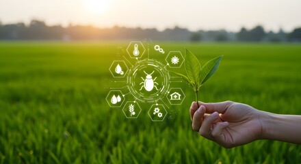 Digital agriculture technology showing holographic data monitoring crop health and conditions in a lush field