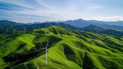 Wind energy development in lush green hills aerial photography scenic landscape nature conservation
